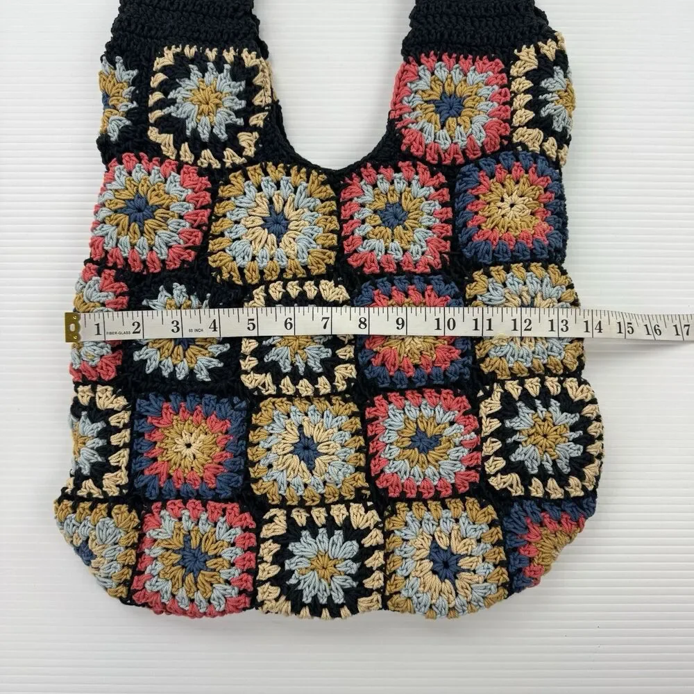 Free People Granny Square Crochet Tote Bag Black Multi Boho Leather Handle NWOT